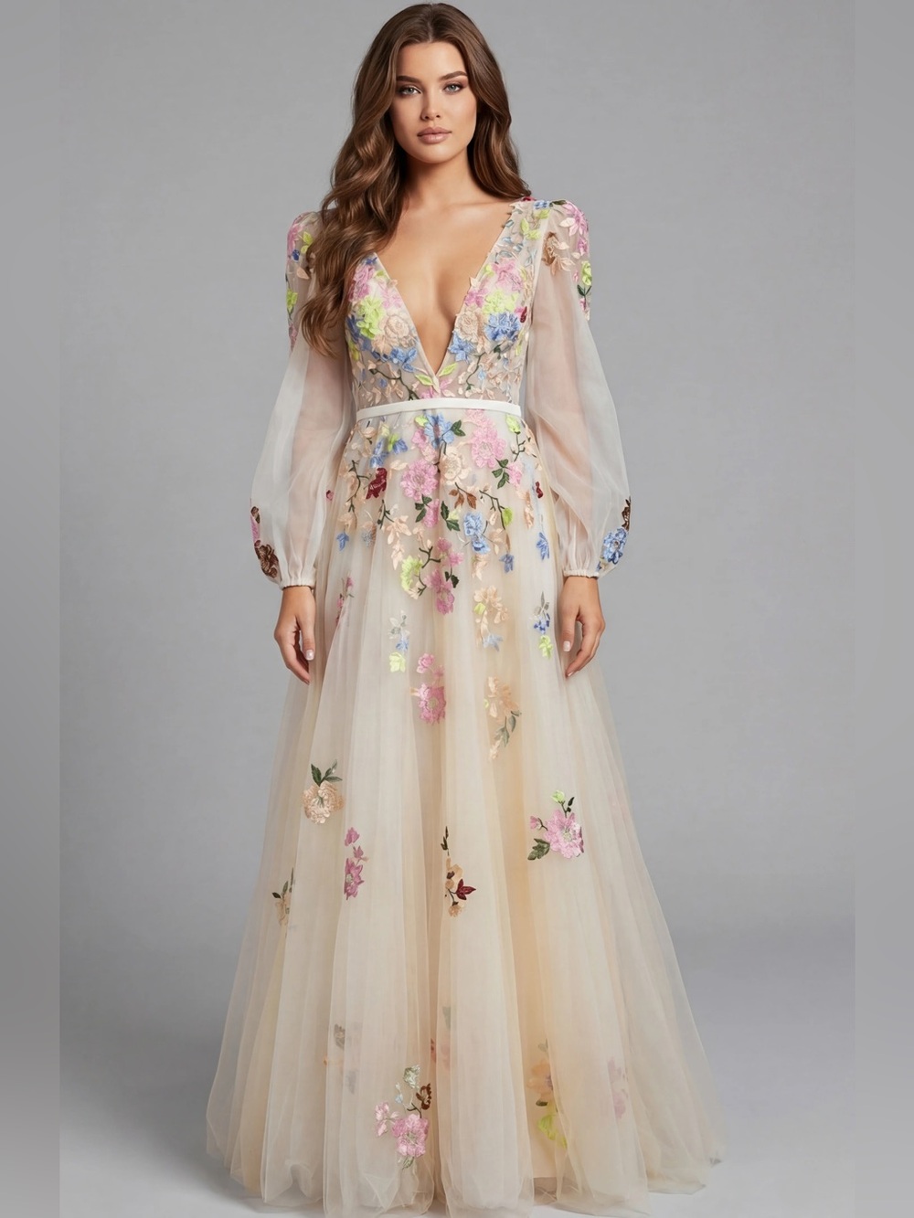 NWT Jovani 40027 Nude Multi Floral Embroidered Formal Evening Gown Size 4